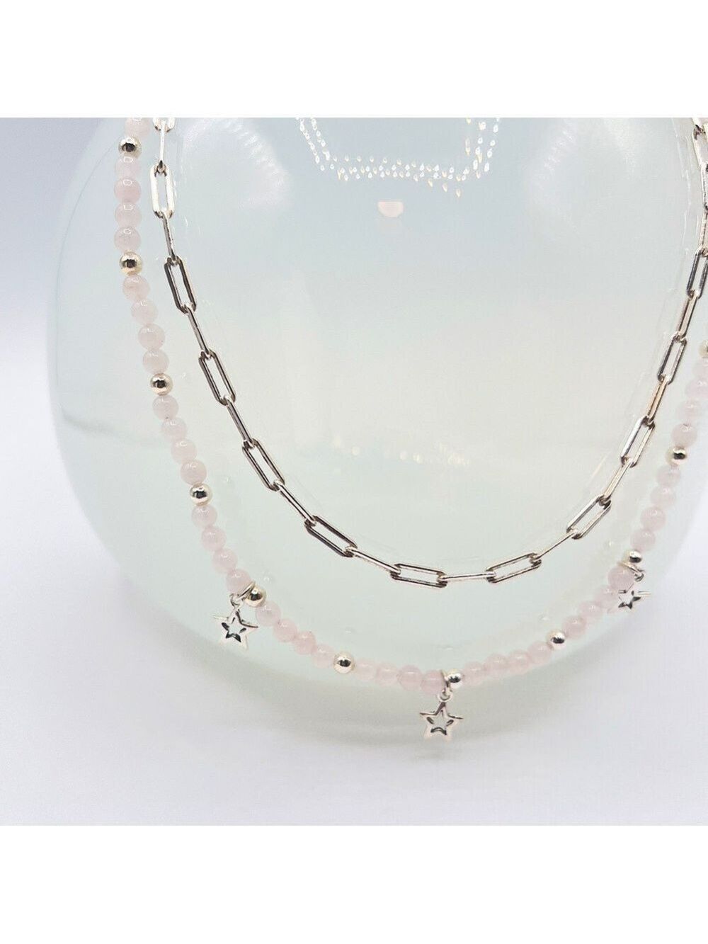 Rose quartz and silver star and paperclip necklace